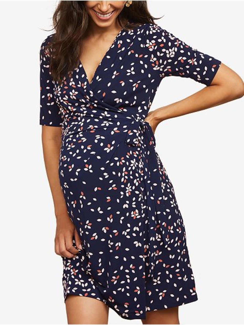 Motherhood Maternity Navy Floral Wrap Dress with Coral and White Accents